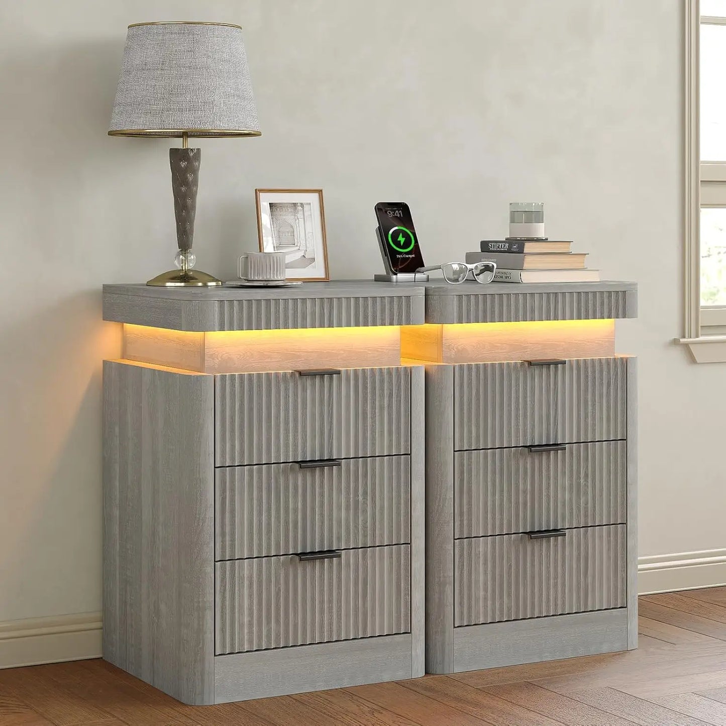 Fluted Night Stand with Charging Station
