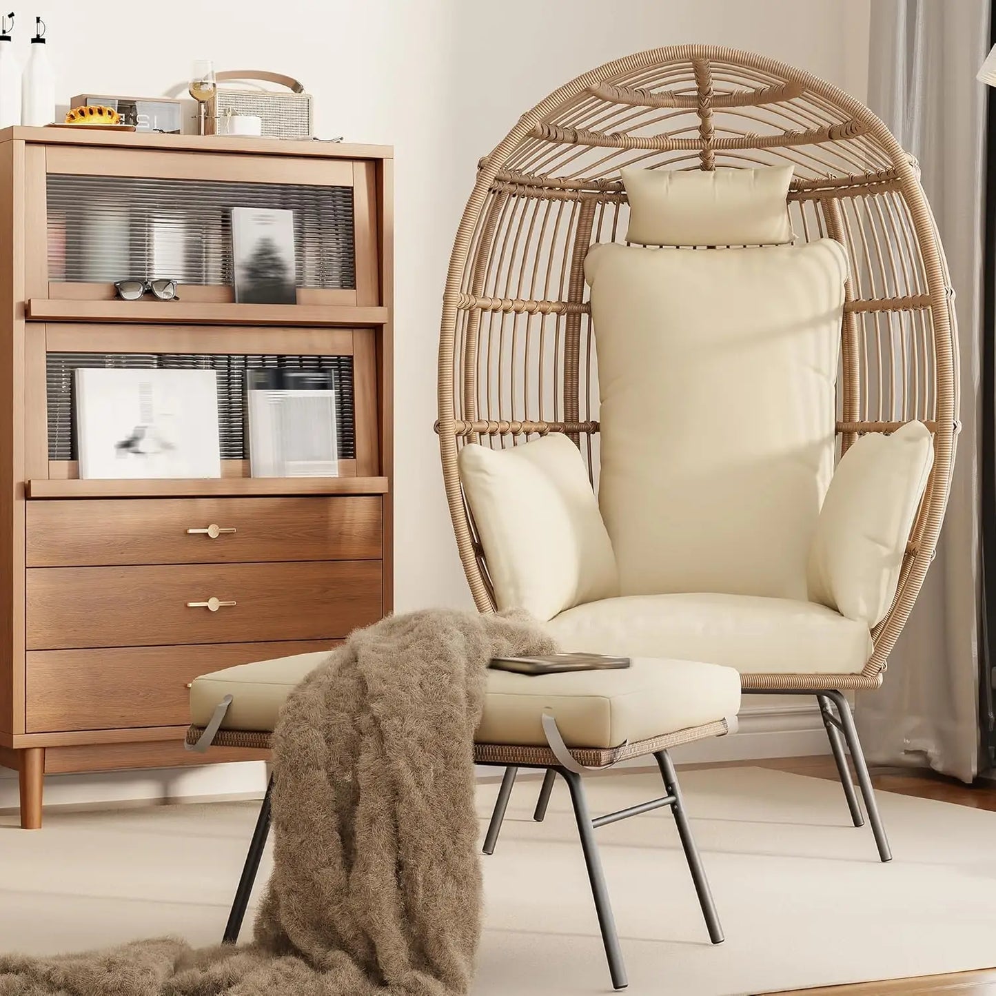 Waterproof UV Resistant Wicker Egg Chair with Ottoman with Cushions