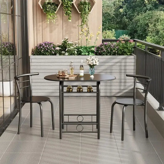 Wooden Dining Table Nook Sets with 2 Chairs & Round Tabletop