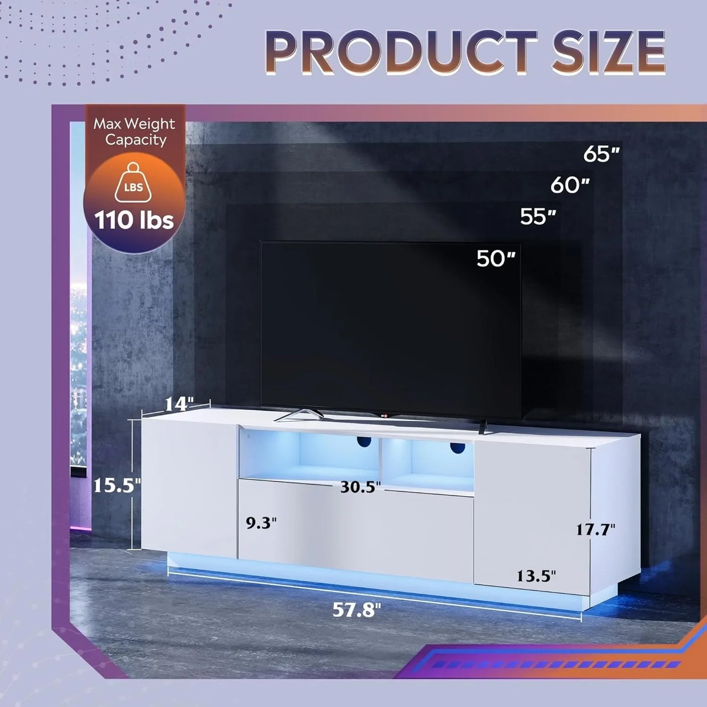 Modern Entertainment Center TV Stand with LED Lights & Large Storage Cabinet