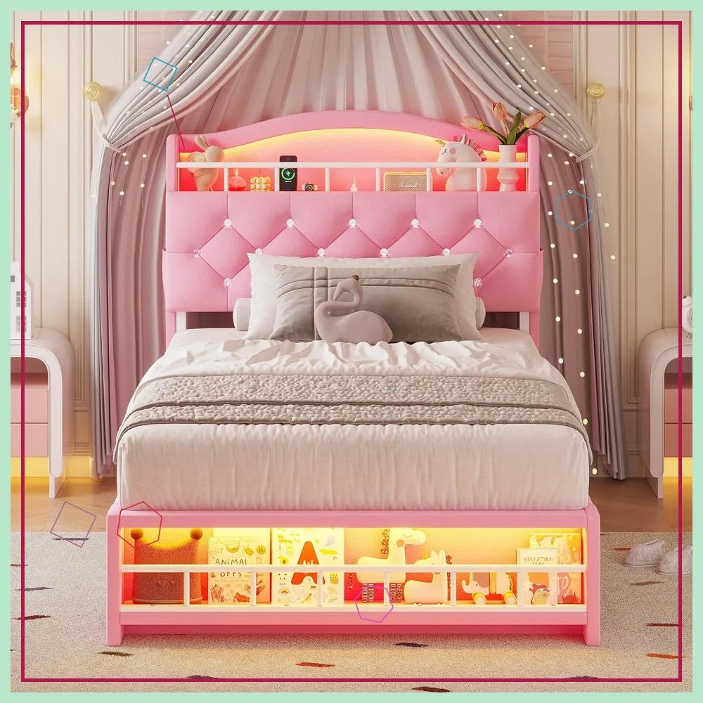 LED Princess Bed Frame with Charging Station and Velvet Upholstered Platform
