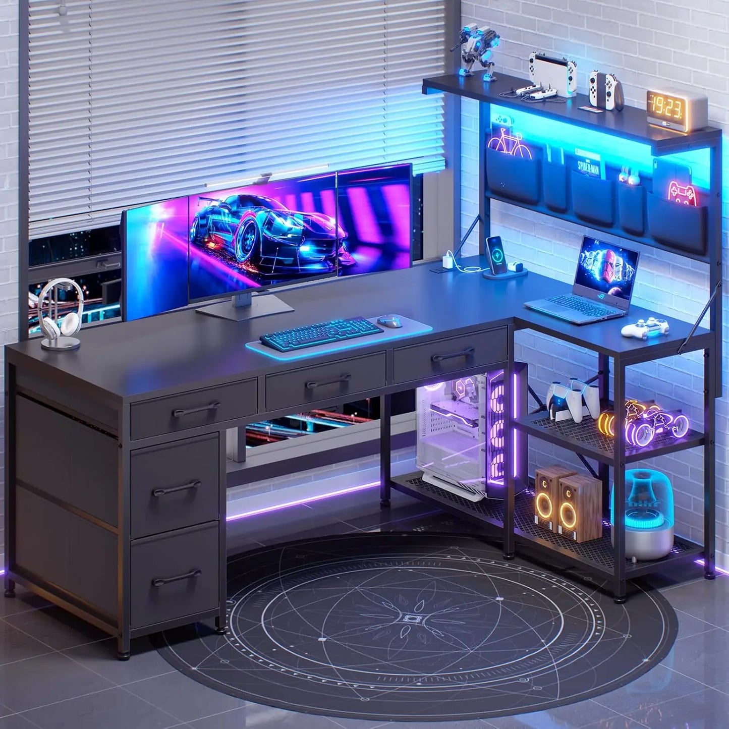 L-Shaped Reversible Computer Desk with Storage Shelves