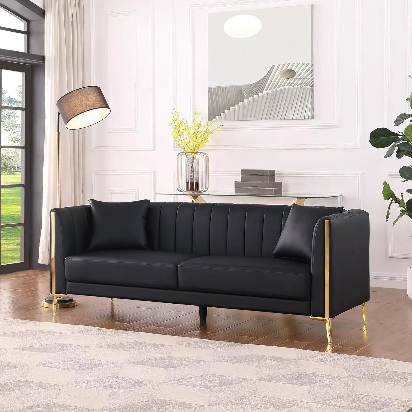 Comfy Faux Leather Sofa with 3 Sitter Sofa with 2 Throw Pillows and Gold Met