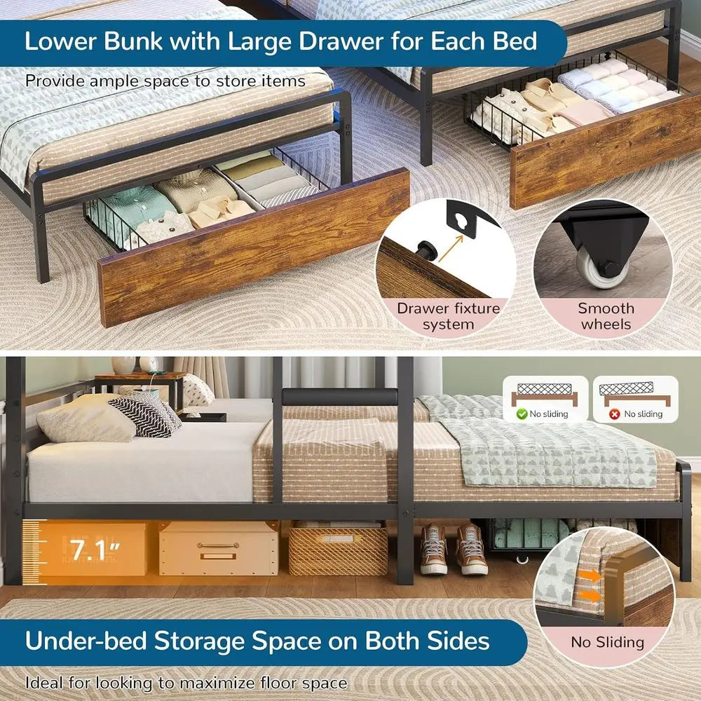 Triple Bunk Bed with Storage Dressers and Bed Shelves