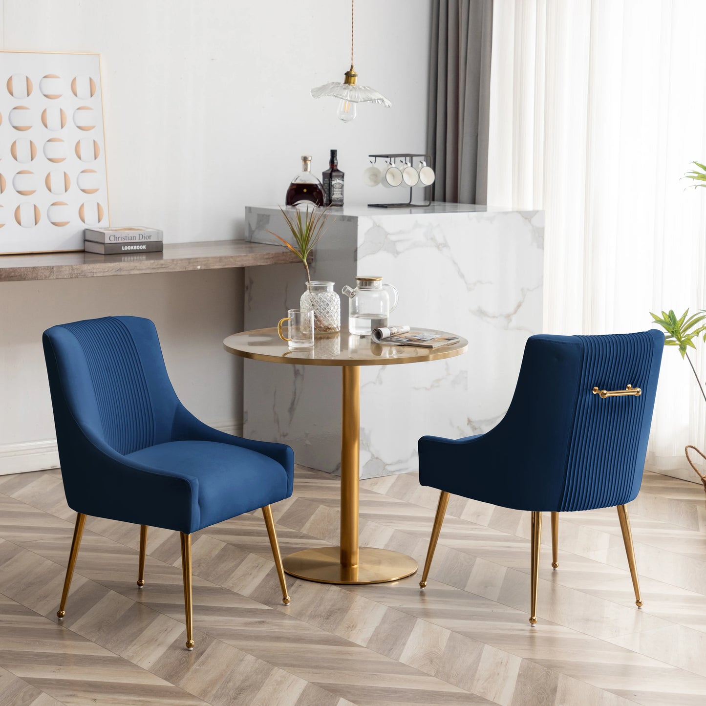 Modern Glam Vanity Buckle Pleated Velvet Dining Chair with Rear Handle