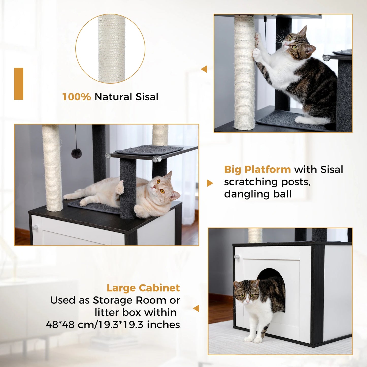 Cat Tree Tower Litter Box Wood Structure Storage with Hammock