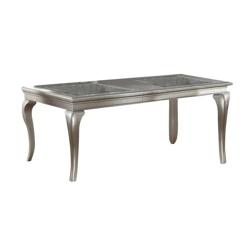 Rect. Glass Dining Table Set w/ Silver Hue & 6 Tufted Side Chairs