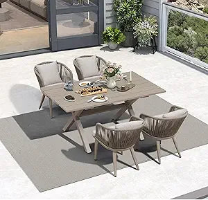 Patio Dining Set with Table and Chairs - Teak-Finish Aluminum Frame