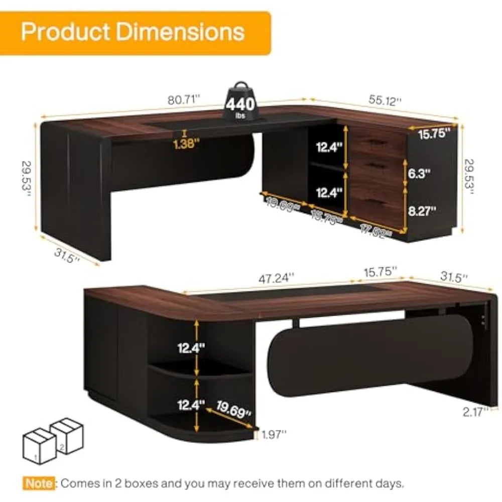 L-Shaped Executive Desk with Cabinet and Storage Shelves