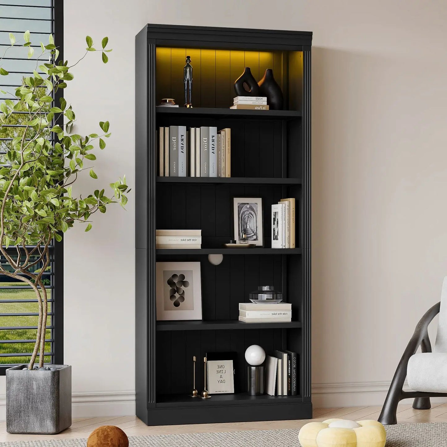 Free-standing Black Wood Bookcase - Shelves Light Strip Storage Organizer