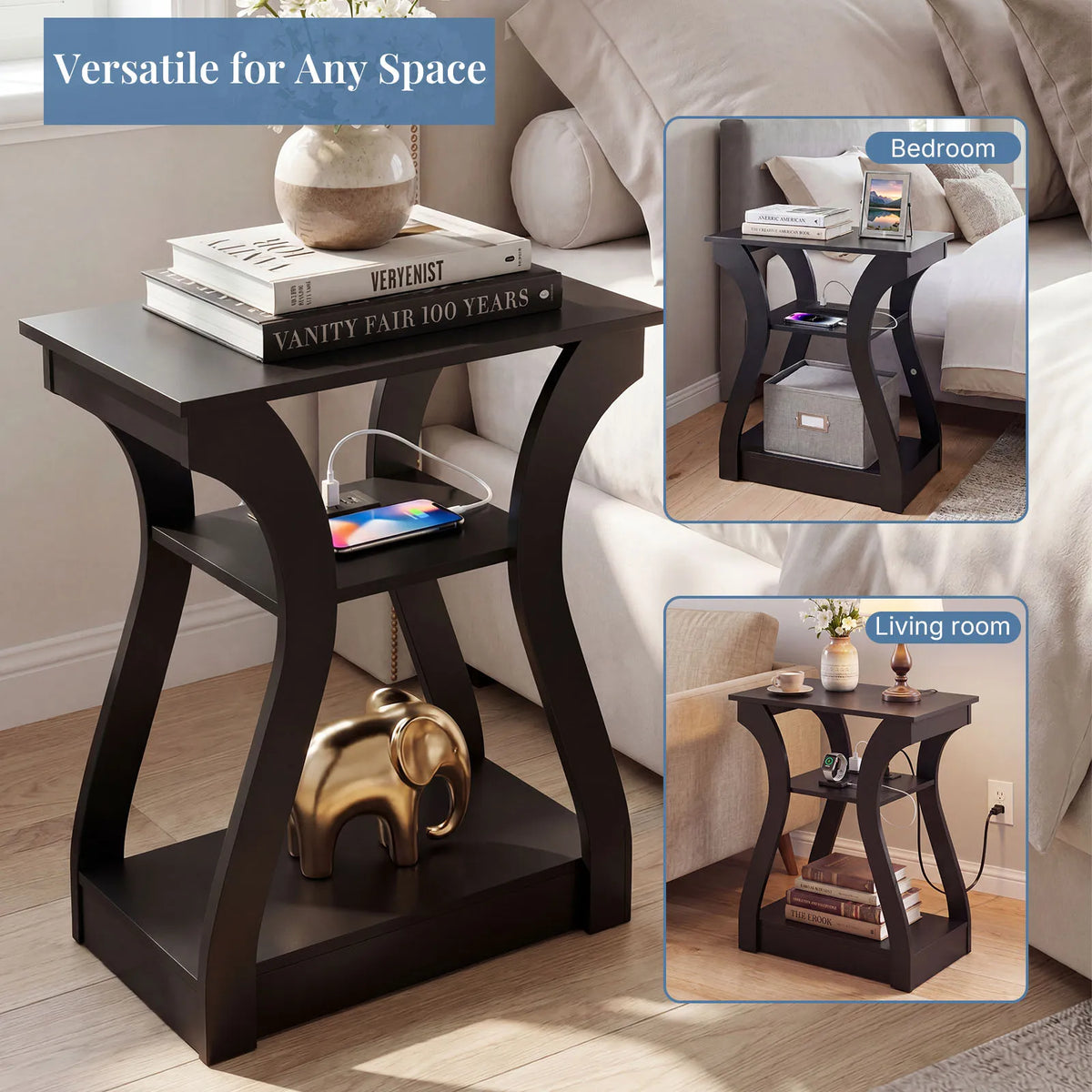 Charging Station Side Table Storage Display Nightstand Bedside