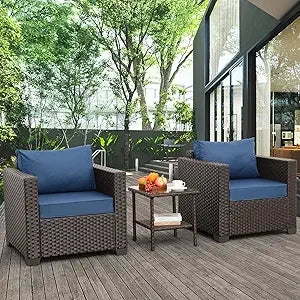 Outdoor Patio Single Sofa Chairs and Glass End Table Set of 2