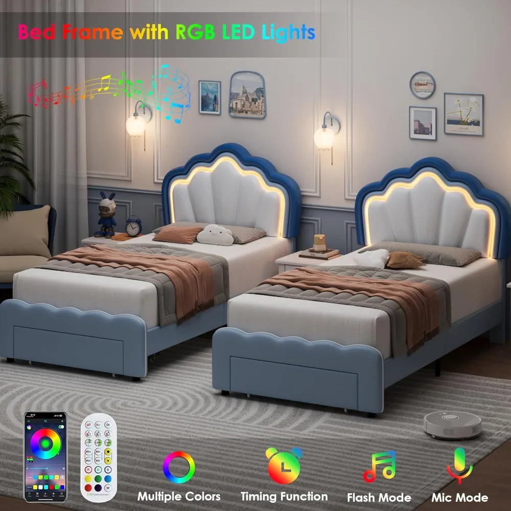 Twin Upholstered LED Bed Frame with Storage Drawers with Adjustable Lotus Headboard