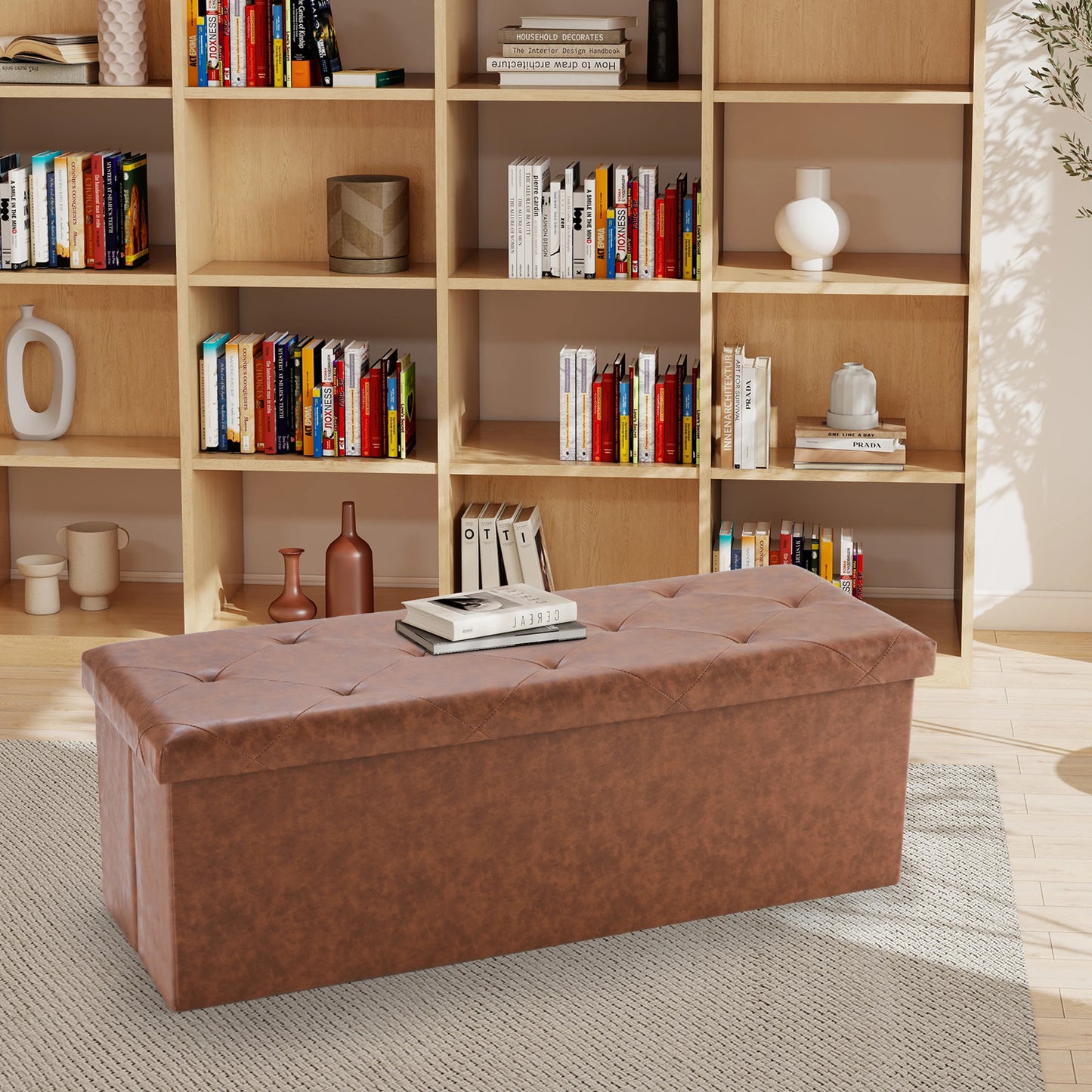 Leather Folding Ottoman Storage Footstool Bench