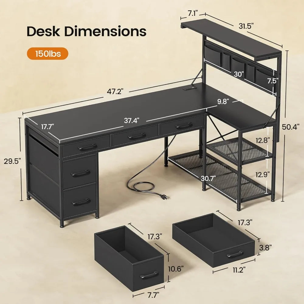 L Shaped Reversible Computer Desk with Bookshelf and Storage Shelves