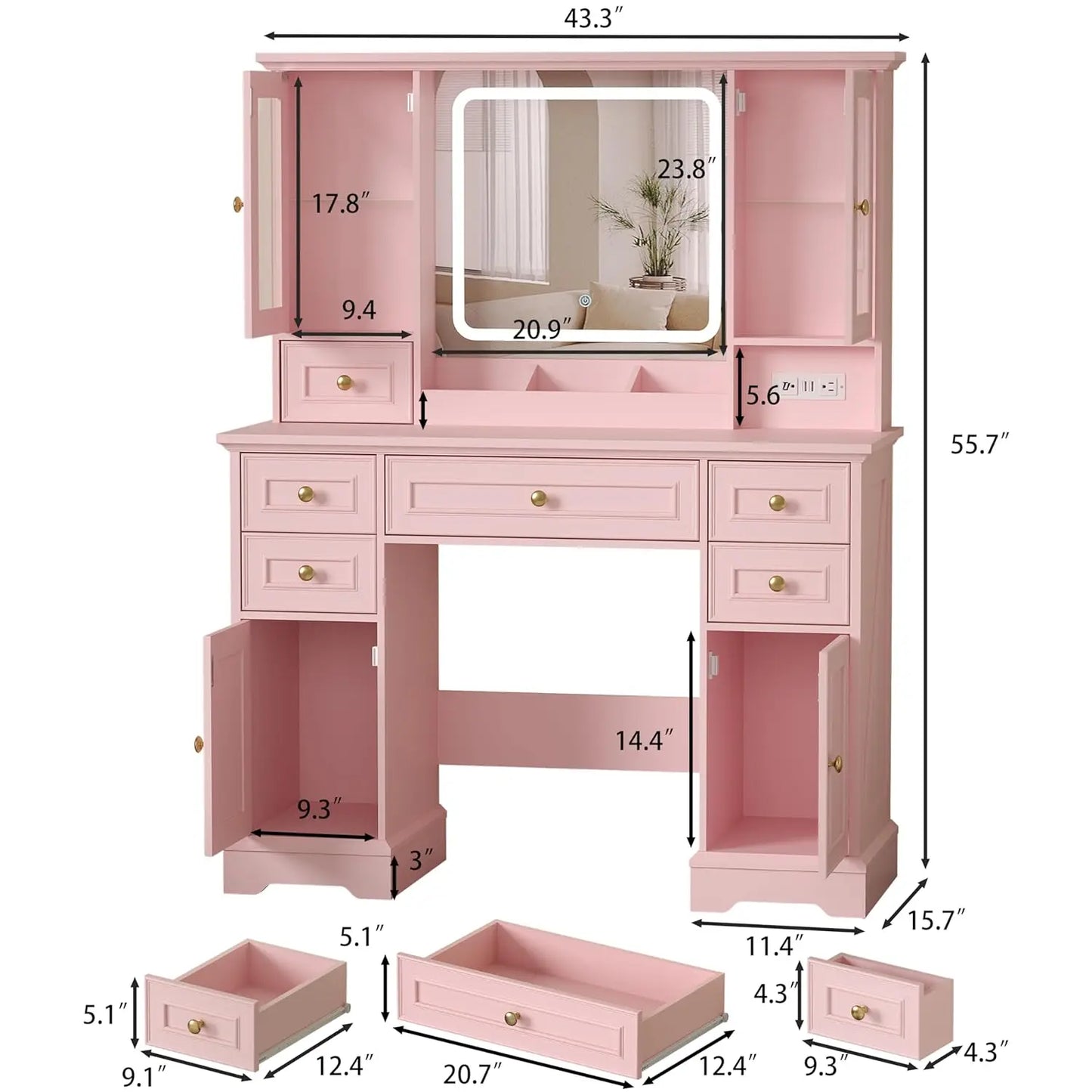 Vanity Desk with Mirror Lights RGB Cabinet Charging Station