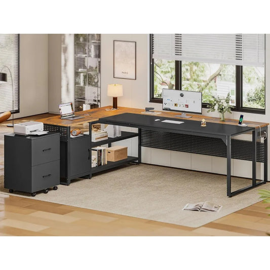 Reversible L Shaped Desk with Mobile File Cabinet & Power Outlets