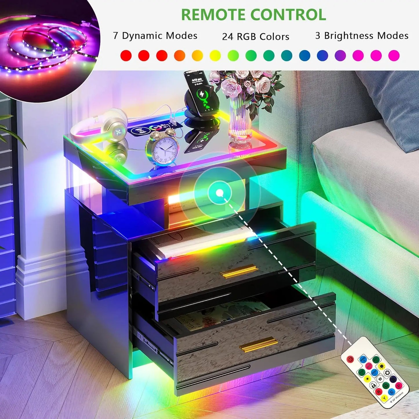 LED Nightstand Set With Charging Station