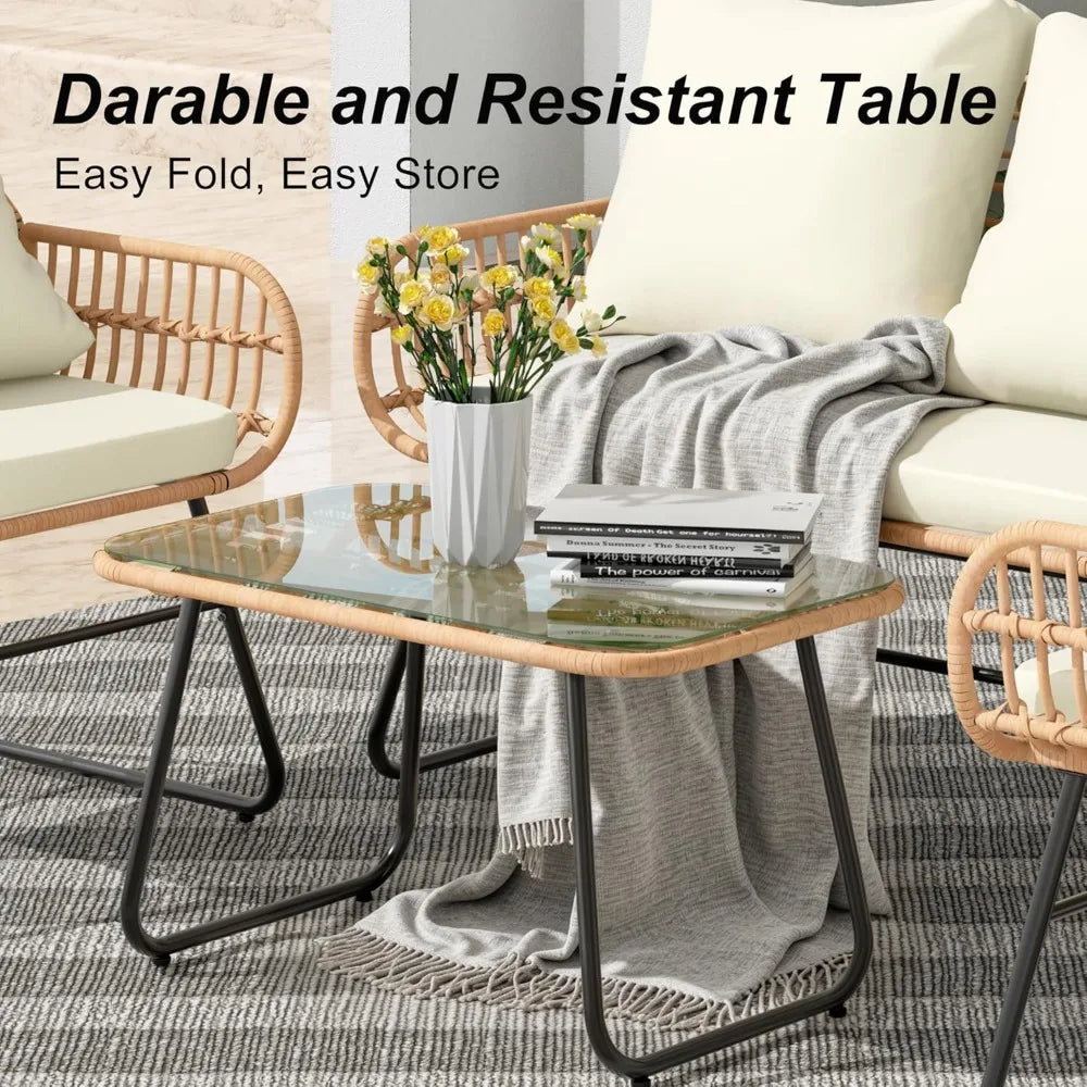 Outdoor Patio Furniture Set with Cushions & Tempered Glass Table