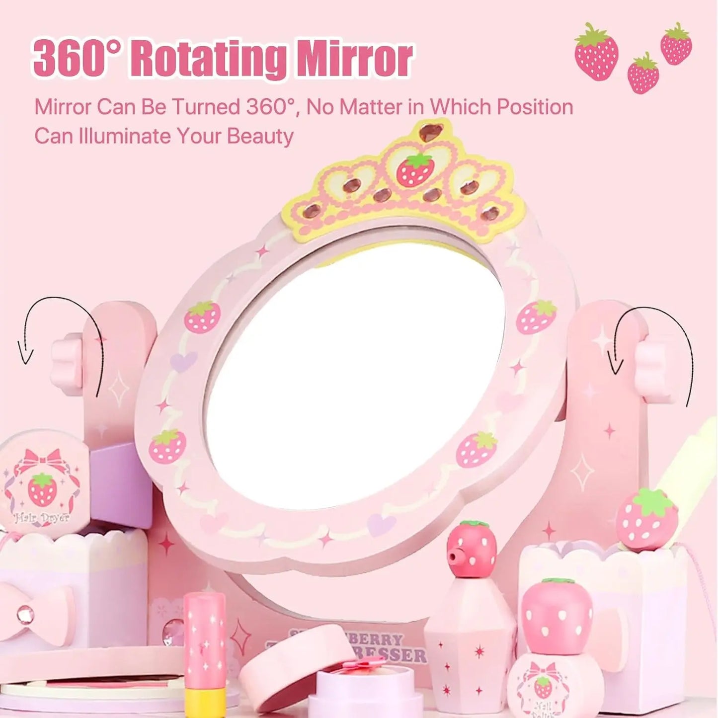 Strawberry Vanity Desk with Drawers and 360° Rotating Mirror