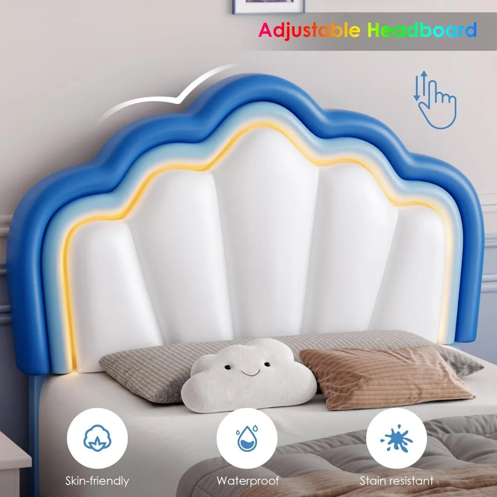 Twin Upholstered LED Bed Frame with Storage Drawers with Adjustable Lotus Headboard