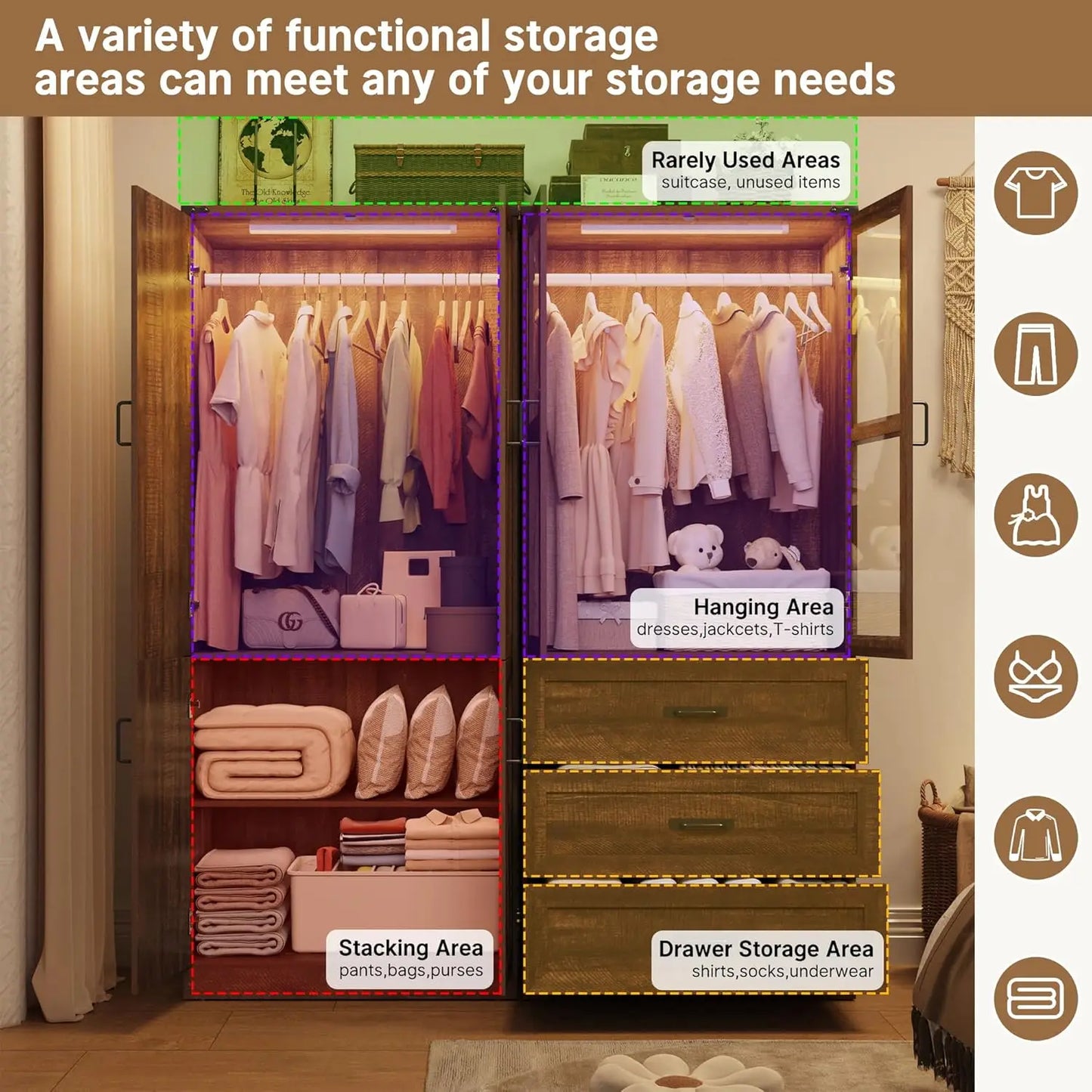 Farmhouse Armoire with LED Hanging Rod and Adjustable Shelf Storage Cabinet