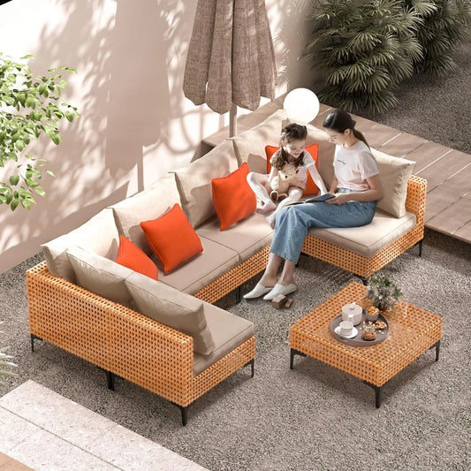 Outdoor Modular Wicker Sectional Sofa with Cushions and Table Patio Furniture Set