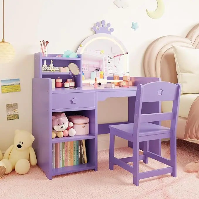 Kids Vanity with Lights, 2 in 1 Princess Makeup Vanity Desk & Chair Set