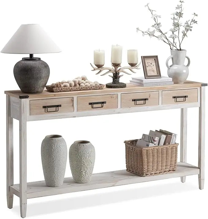 Rustic Entryway Table with Open Storage Shelves and Handmade Metal Handle