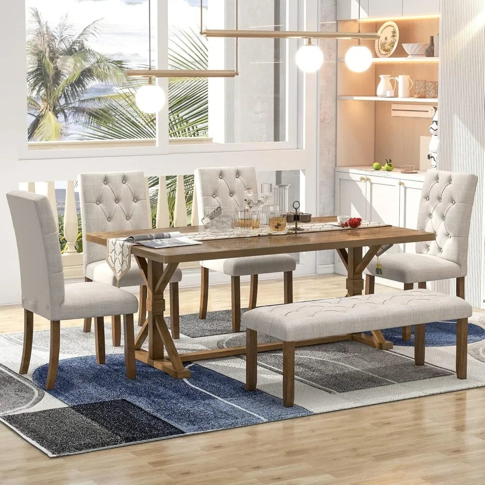 Wooden Rectangular Dining Table Set with Upholstered Chairs and a Bench