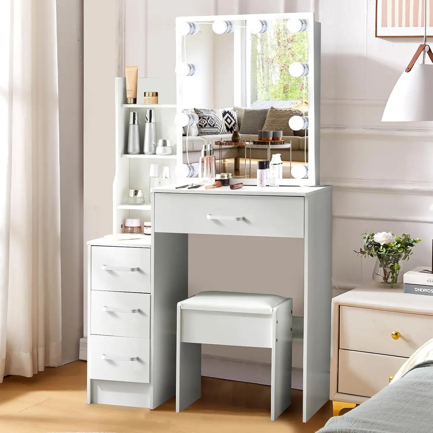 Vanity Desk with LED Mirror Lights, Shelves and Stool