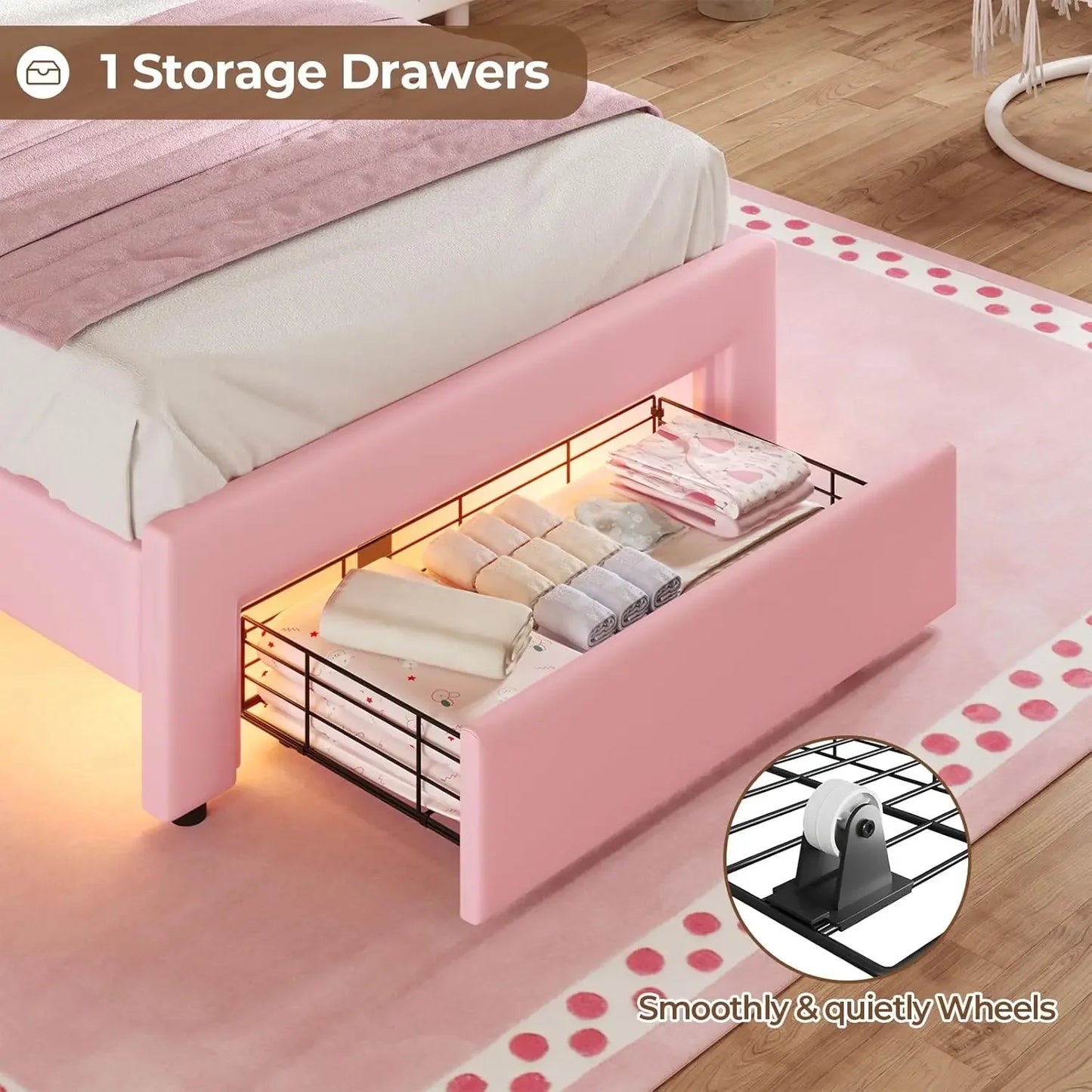Twin Size Girl Bed with Storage Drawer & LED Lights