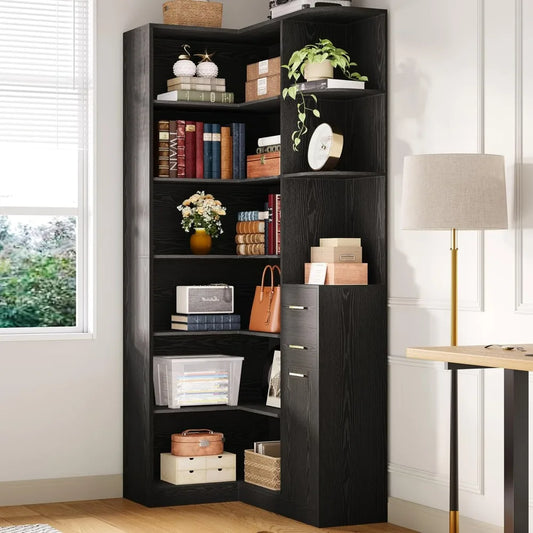 10 Open Shelves and 2 Drawers L-Shaped Corner Bookshelf