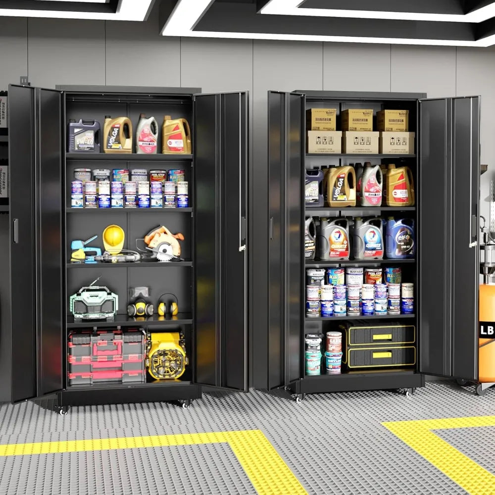 Lockable Rolling Metal Garage Cabinets with 2 Doors and 4 Adjustable Shelves and Wheels