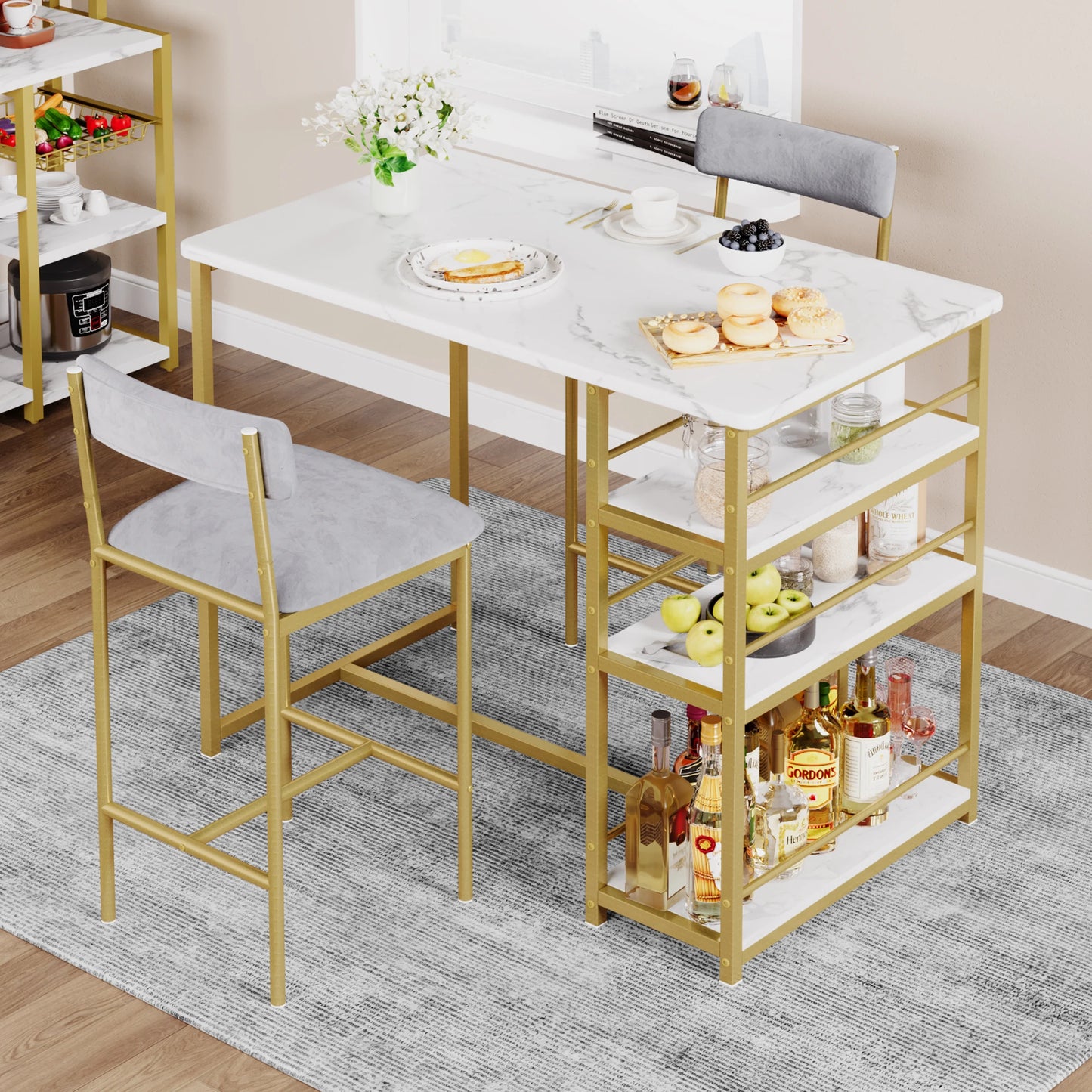 Dining Table and Chairs Set Space-Saving Bar Table with 2 PU Cushioned Stools