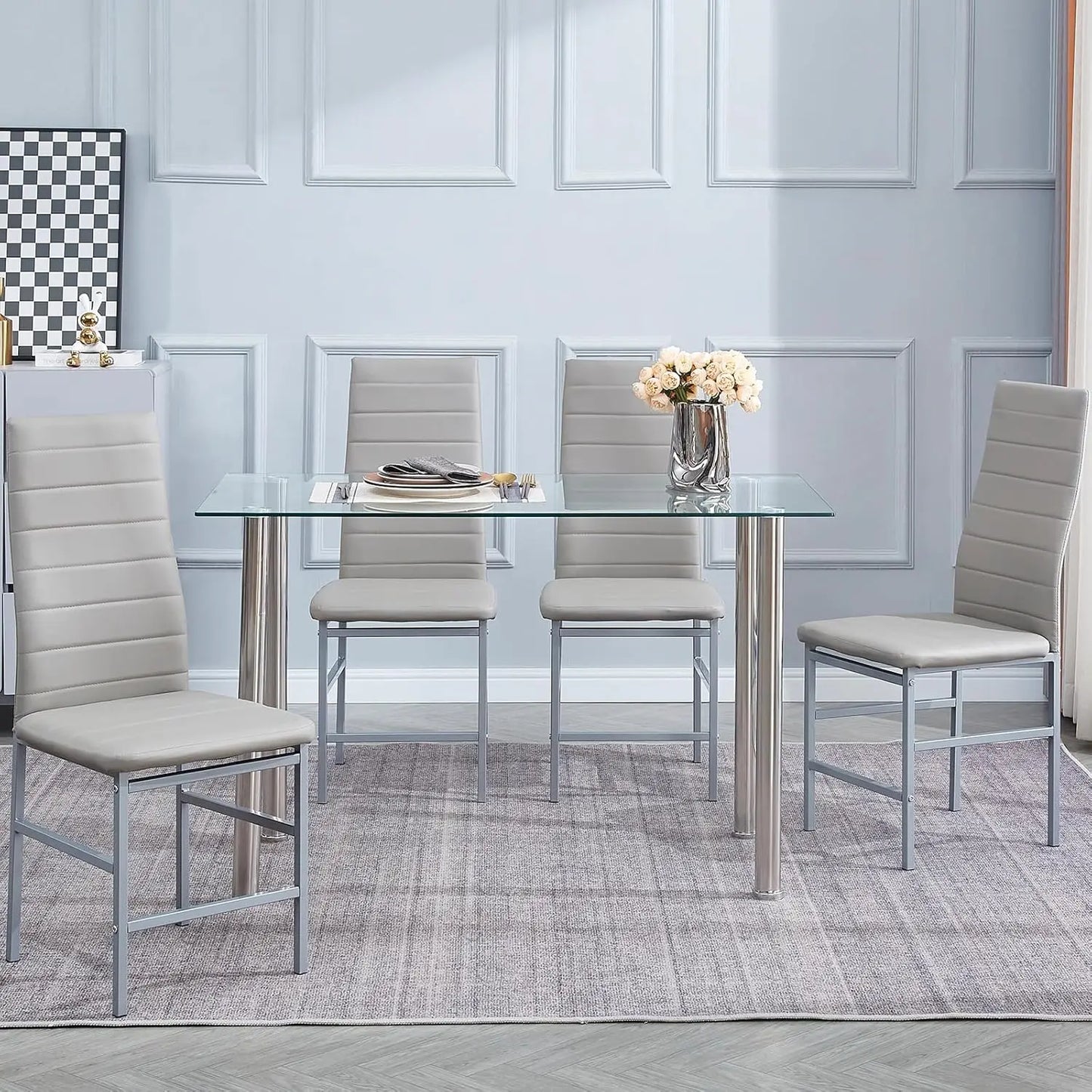 Glass Rectangular Dining Table with Faux Leather Chairs