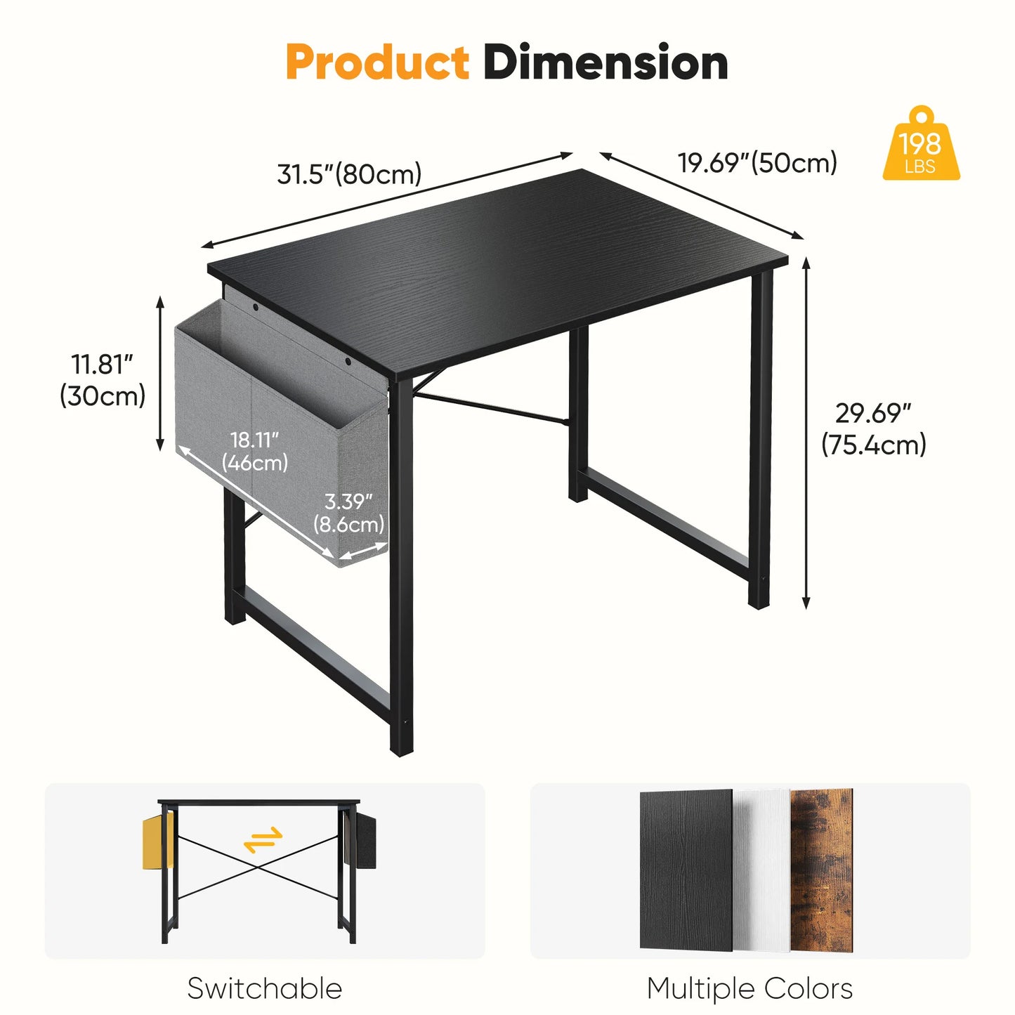 Computer Desk Writing Study Table with Storage Bag Metal Frame Wood Tabletop