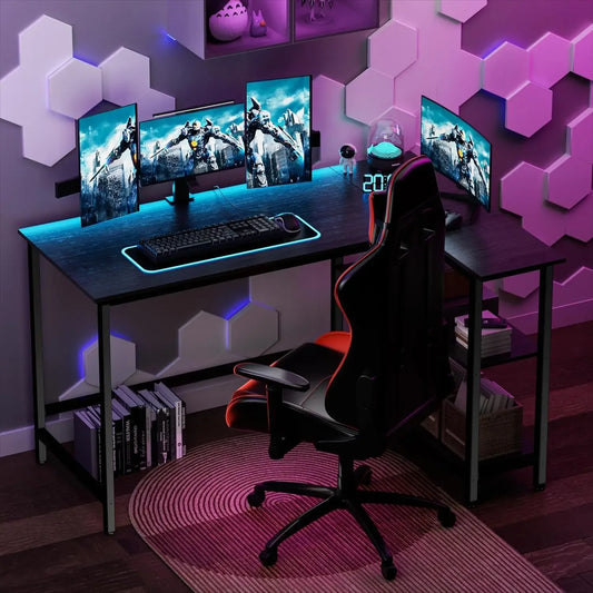 Home Office Computer L Shaped Desk with Shelf
