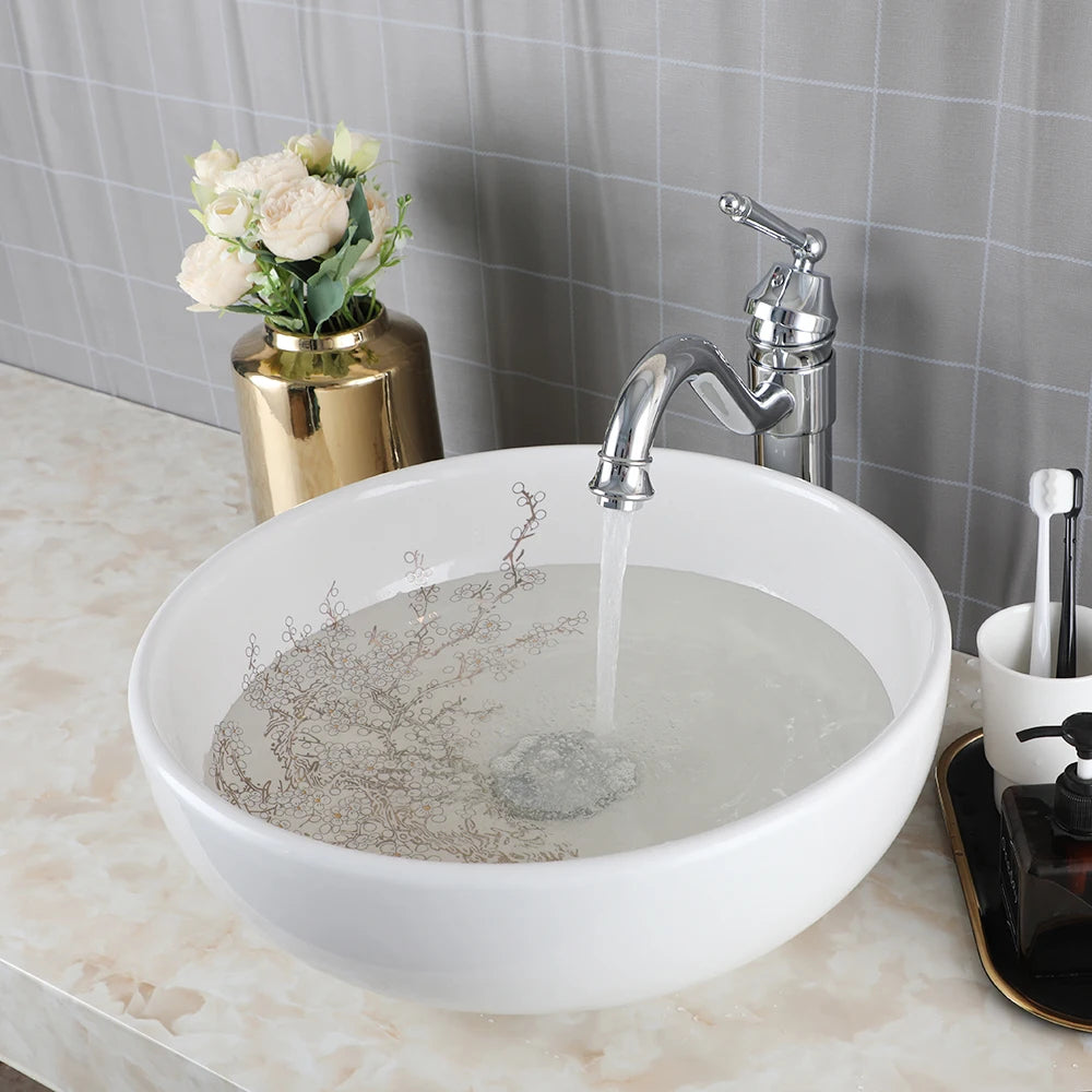 Ceramic Vessel Counter Top Flower Bird Pattern Bowl Sinks for Bathrooms