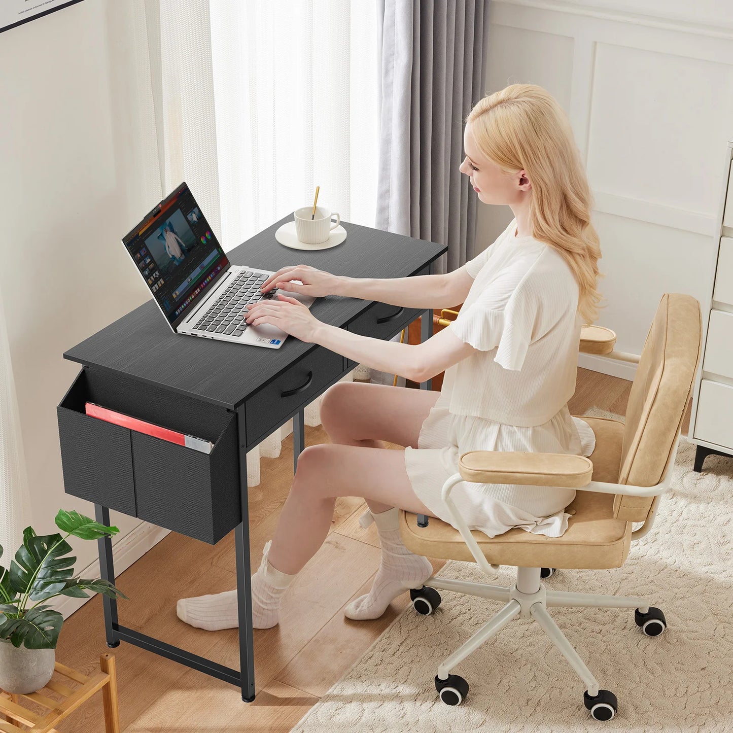 Modern Office Computer Desk with Fabric Storage Drawers Space