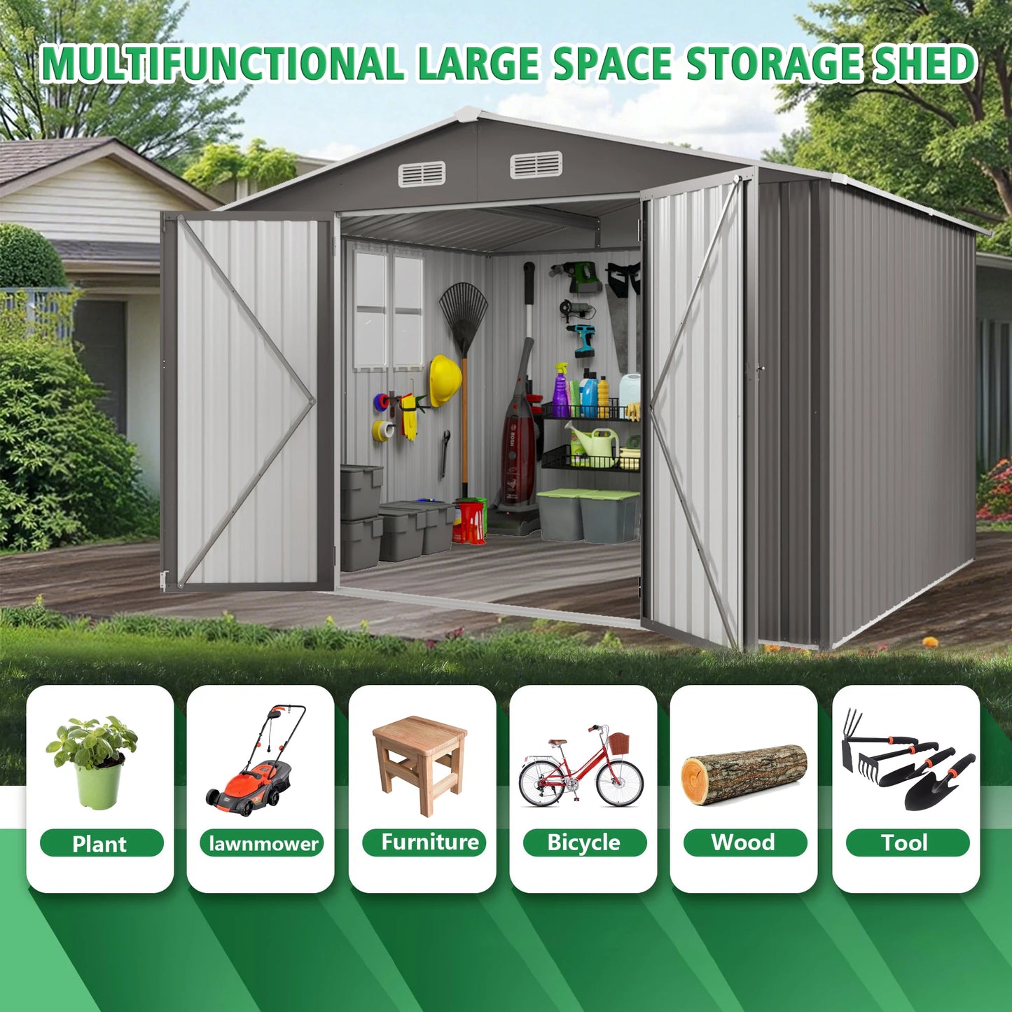 Outdoor Storage Shed - Metal Garden Shed with Double Door