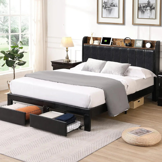 Upholstered Platform Bed Frame with Charging Station
