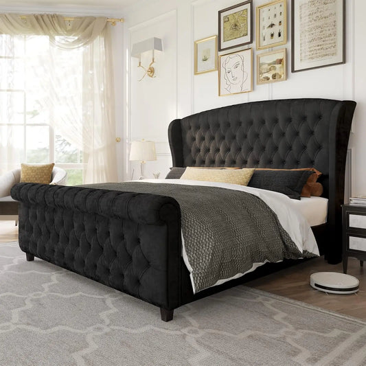Upholstered Sleigh Bed with Scroll Wingback Headboard & Footboard/Button