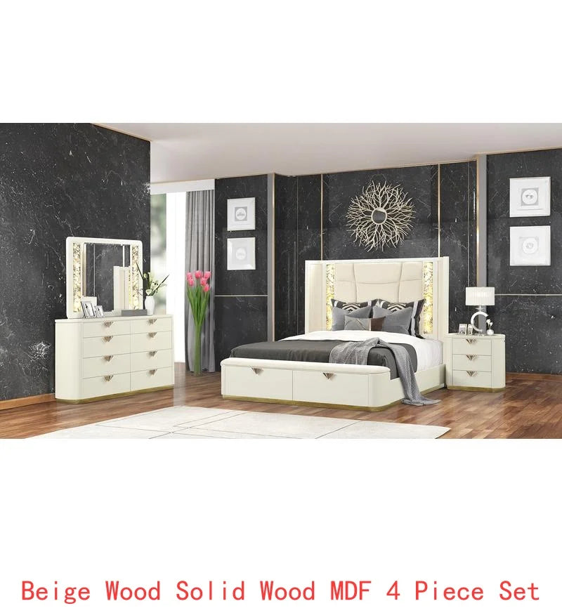 Bedroom Set with Wood Frame and Gold Accents Beige