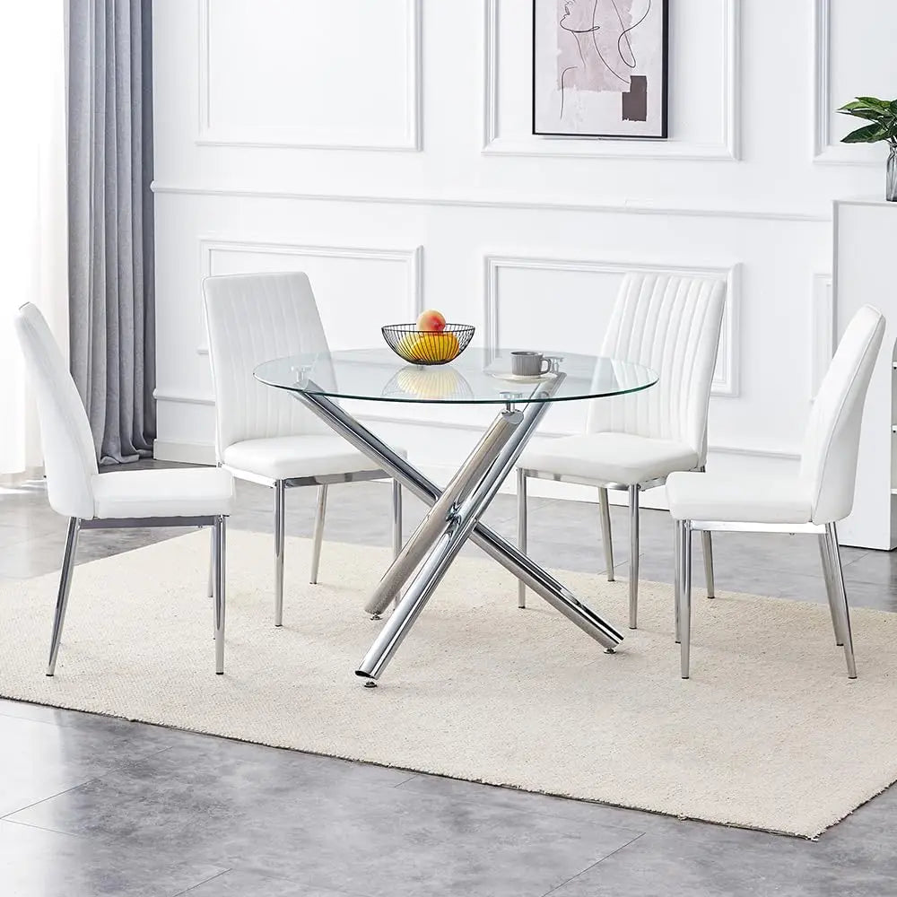 Leather Upholstered Seat High Back & Sturdy Chrome Silver Legs Set