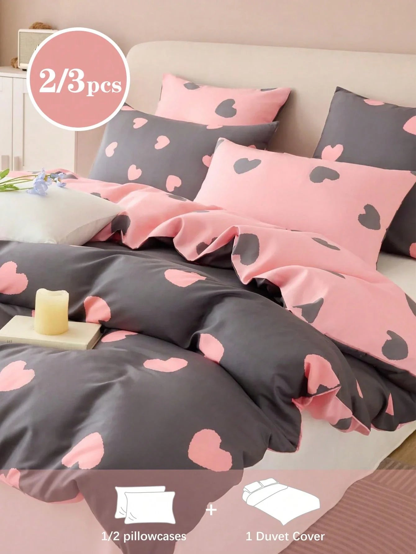 Gray And Pink Heart Print Duvet Cover Set