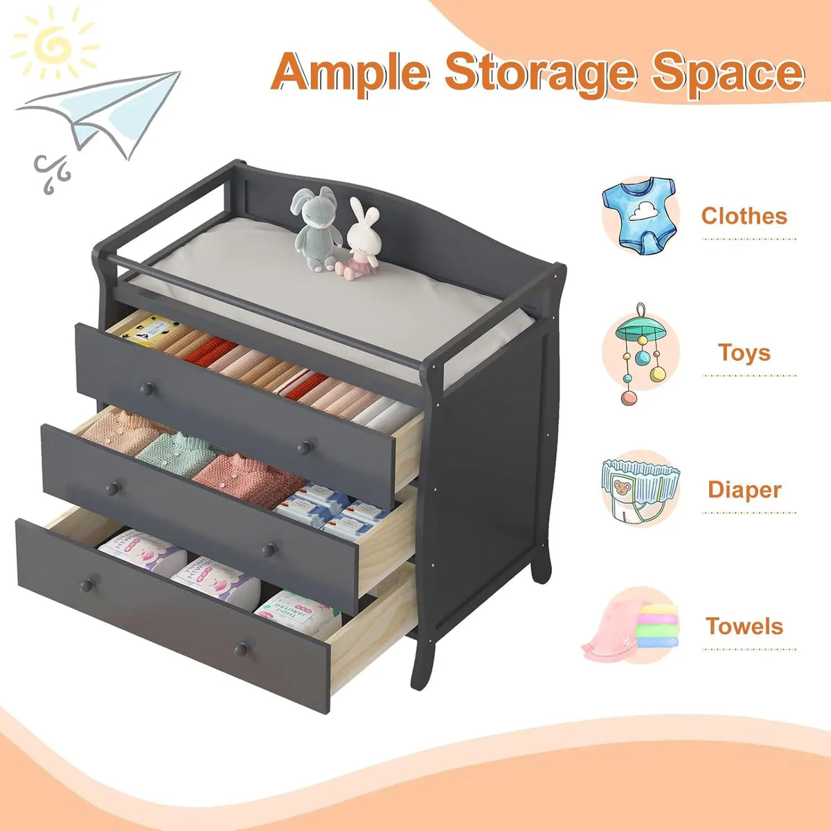Baby Changing Table With Safety Belt & Rails Toddler Dresser