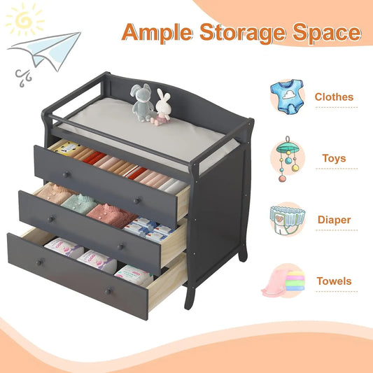 Baby Changing Table With Safety Belt & Rails Toddler Dresser