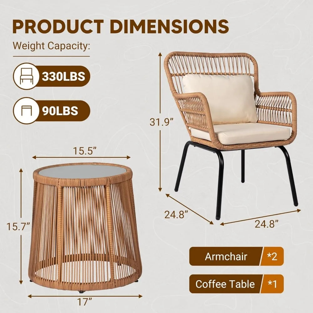 Patio Conversation Set w/2 Large Rattan Chairs and Tempered Glass Table
