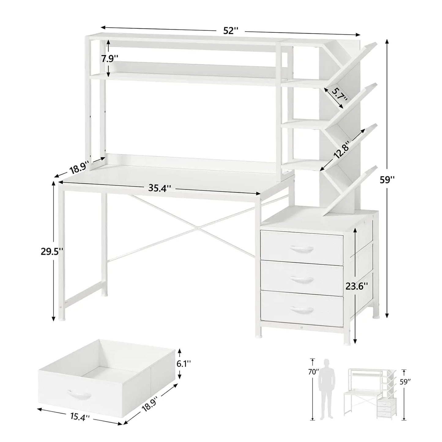 Reversible Computer Desk with Hutch Drawers Bookshelf Storage